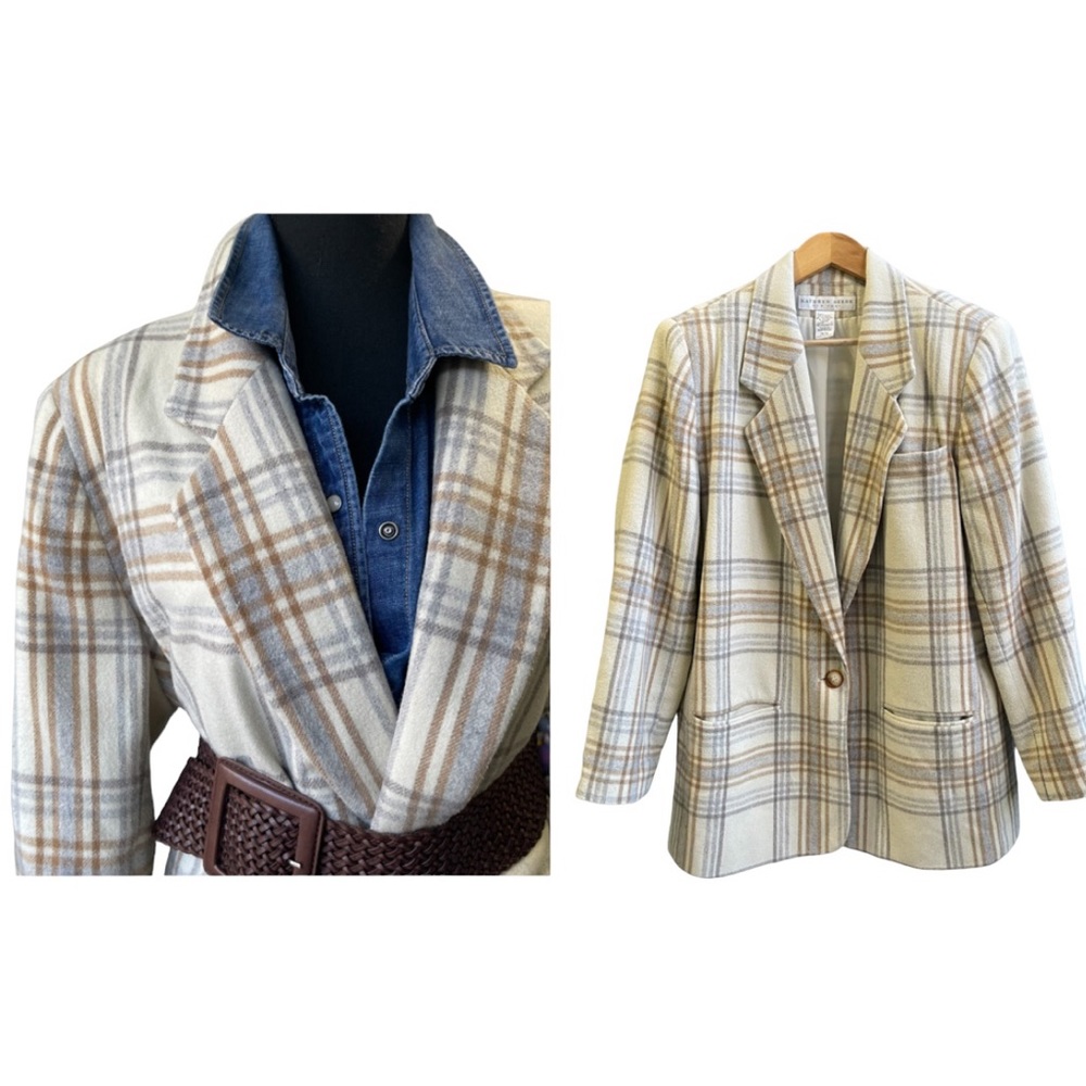 Vintage Tartan Plaid Wool Blend Blazer Boxy Preppy Structural Neutral Size L/XL